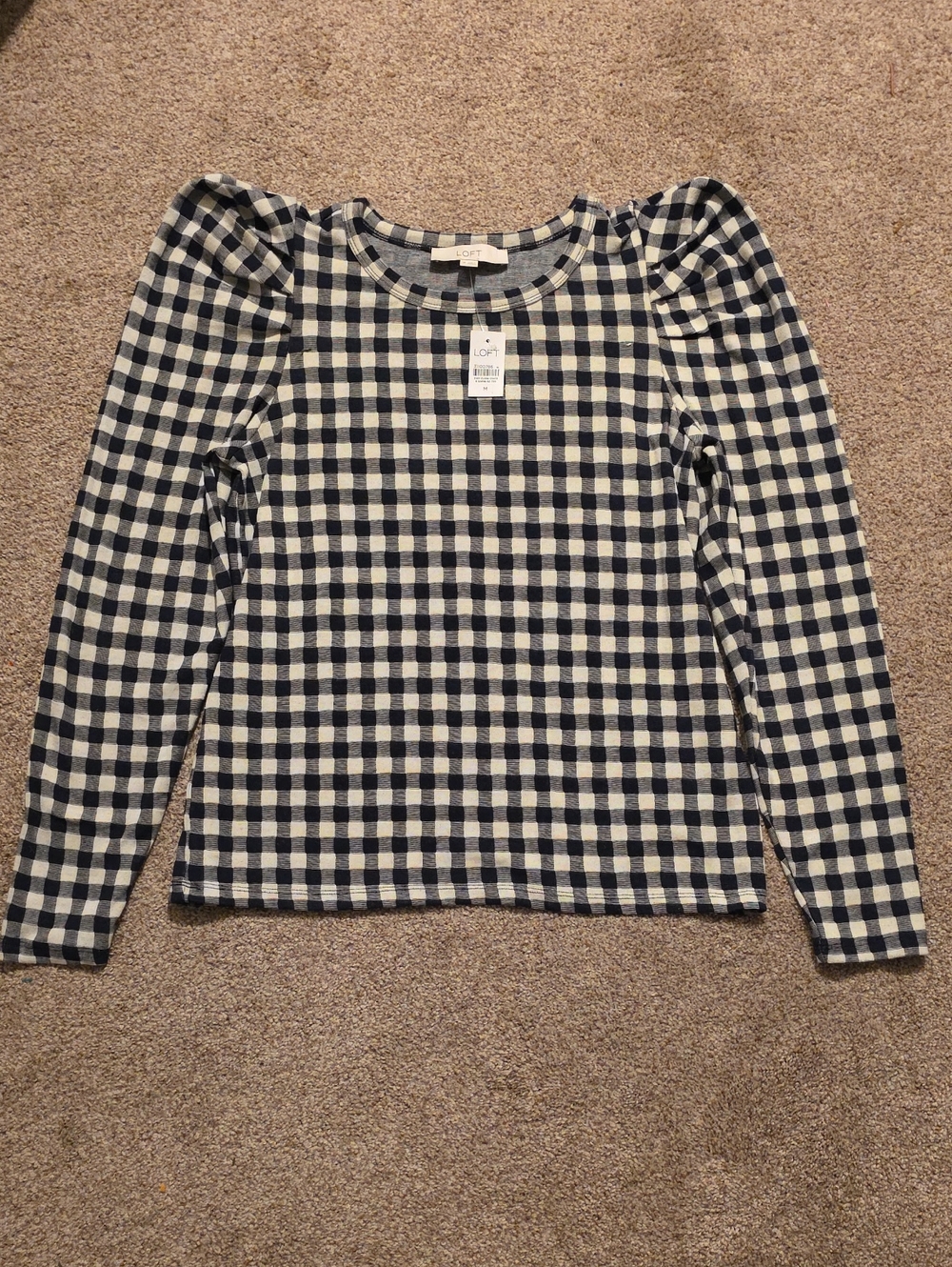 LOFT Gingham Long Sleeve Top in Black & White NWT